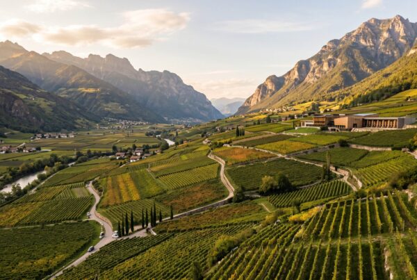 Patchwork of Alto Adige DOC vineyard parcels on the valley floor framed by alpine mountains