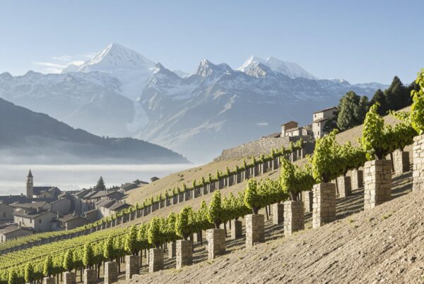 Low pergola Prié Blanc vineyards of Morgex and La Salle on Alpine slopes beneath snow-capped Mont Blanc