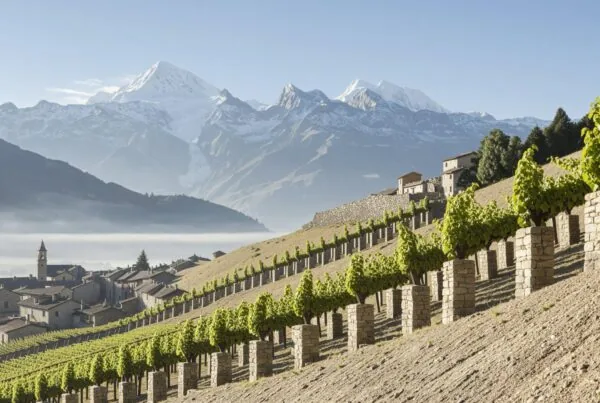 Low pergola Prié Blanc vineyards of Morgex and La Salle on Alpine slopes beneath snow-capped Mont Blanc