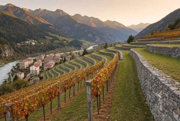 Narrow Nebbiolo terraces supported by dry-stone walls above the Dora Baltea valley at Donnas, with Alpine peaks beyond